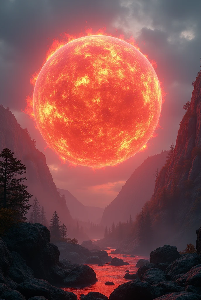 detailed red glowing fiery sphere,beautiful detailed cinematic landscape,dramatic lighting,volumetric lighting,dynamic composition,highly detailed,intricate details,photorealistic,studio lighting,64bit,masterpiece,concept art