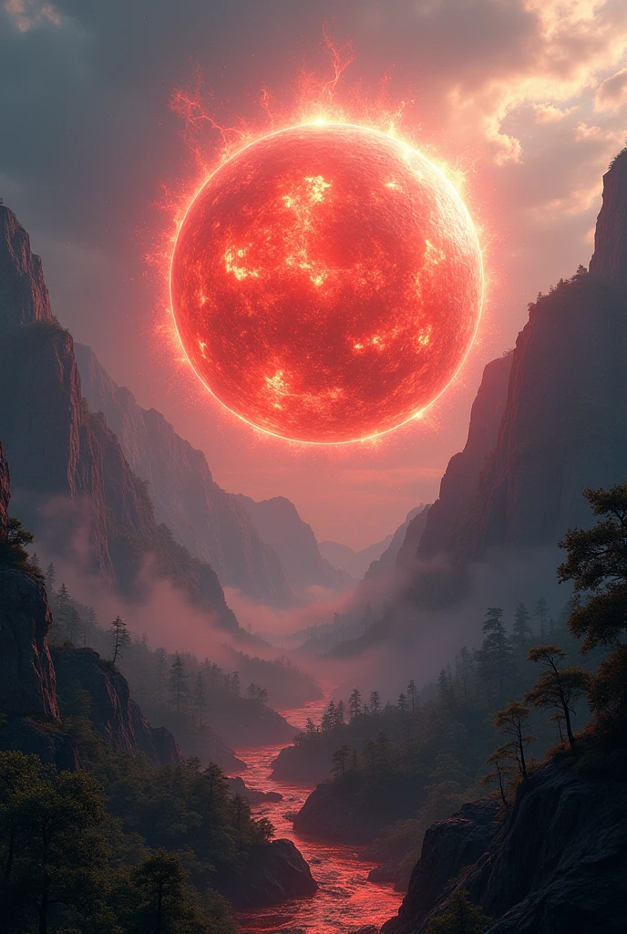 detailed red glowing fiery sphere,beautiful detailed cinematic landscape,dramatic lighting,volumetric lighting,dynamic composition,highly detailed,intricate details,photorealistic,studio lighting,64bit,masterpiece,concept art