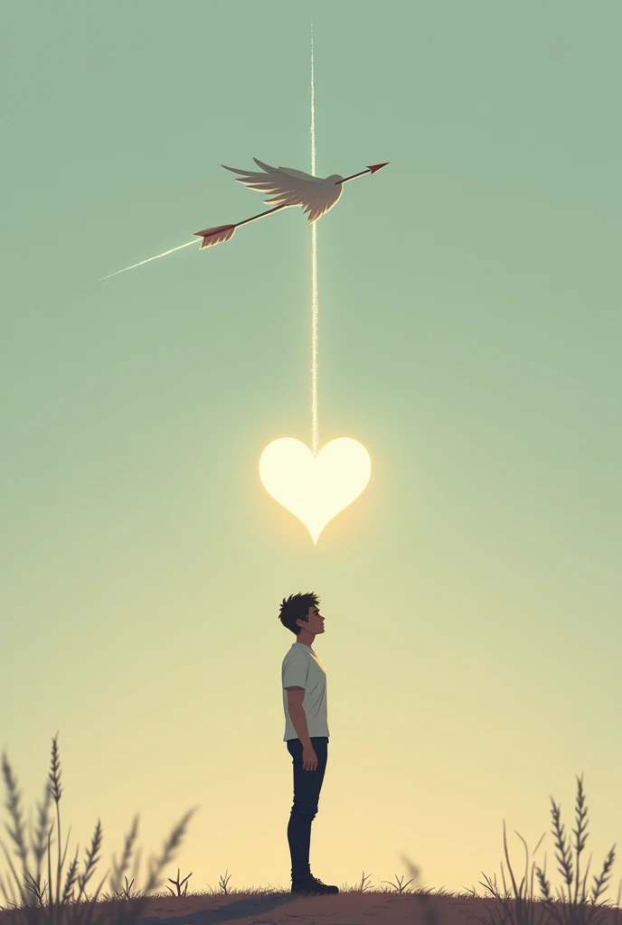 A young man looking. an arrow in the air that goes towards a drawn heart and in the background a bright wing indicating that your goodbye hurts but you fly.