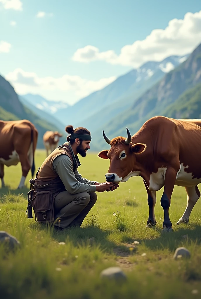 a muleteer, is checking a group of cattle. You could draw the muleteer crouching next to a cow, looking at his paw or his skin. around, There are other cattle grazing peacefully. The background may show some mountains in the distance and a clear sky.