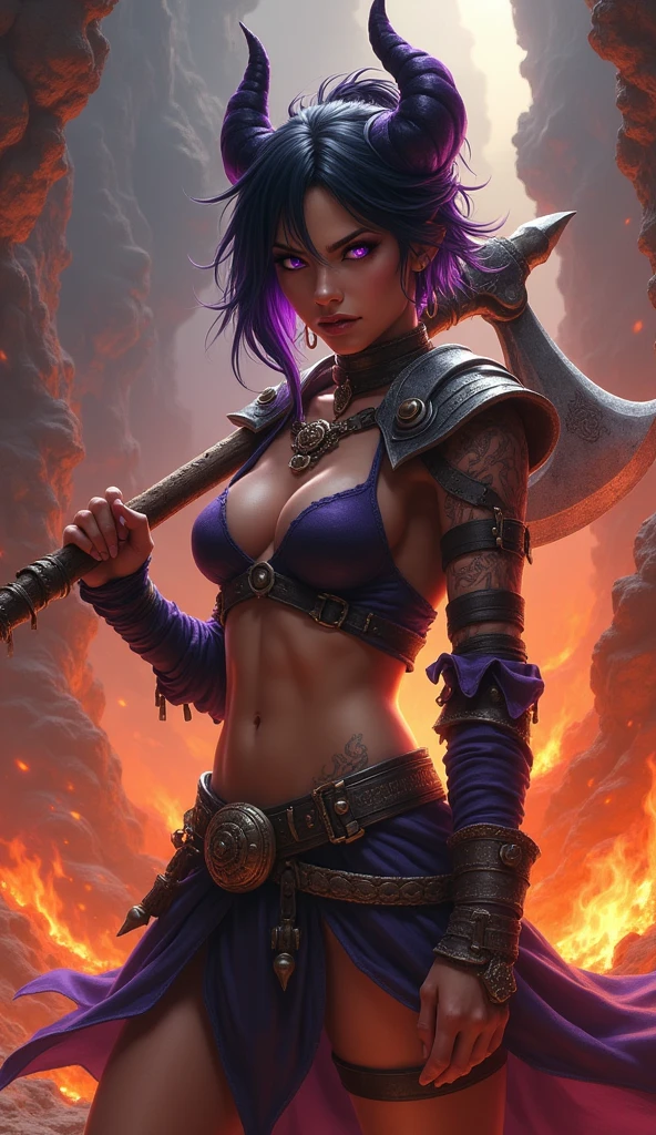 Destiny, the light blue Tiefling from Dungeons and Dragons, best quality, ultra-detailed CG unity 8k wallpaper, raging, high resolution, dynamic pose, beautiful face, 2 demon horns (Purple and black eyes:1.2, black and purple hair:1.3, pixie cut hair, ragged cloth armor, tiny boobs, bare midriff), depth of field, firey hellscape, dark light, night time), (high fantasy), weilding a waraxe