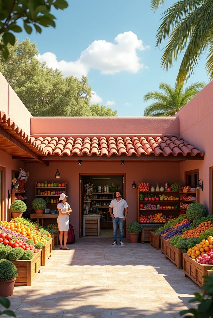 Commercial premises selling fruits and vegetables INSIDE A market with dimensions of 6x4 meters, Modern Mexican style with pink quarry facade in light colors with inclined front overhang of annealed red clay tiles, in front of each store, a staff person inviting people to enter and inside each store, a couple or family buying.