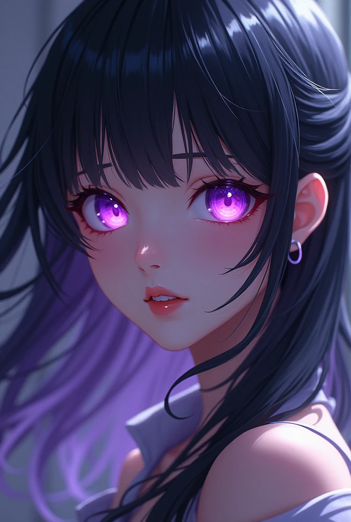 A very beautiful girl with black hair and purple eyes. Her features are beautiful and she looks strong and majestic. She is an anime character.