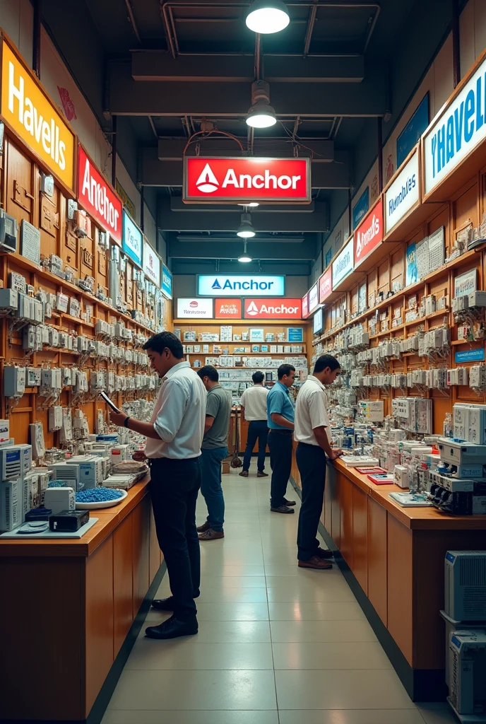 An electrical shop in which there are boards on the sides and on the board there is mention of Anchor Havells and below it switch off fans, everything is installed. Make such an image.