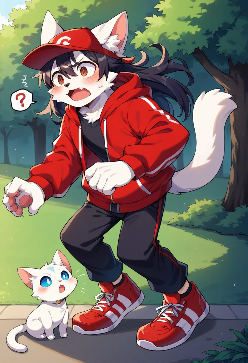 masterpiece, best quality, expressive eyes, perfect face, a man get transformed into a furry white cat , cat furry, white Fur, confused, blushed, black hair, long hair, red baseball cap with a withe M, red hoodie, black shirt, black pants, red sport shoes, brown eyes , Open mouth , full body,  shock,  in a park