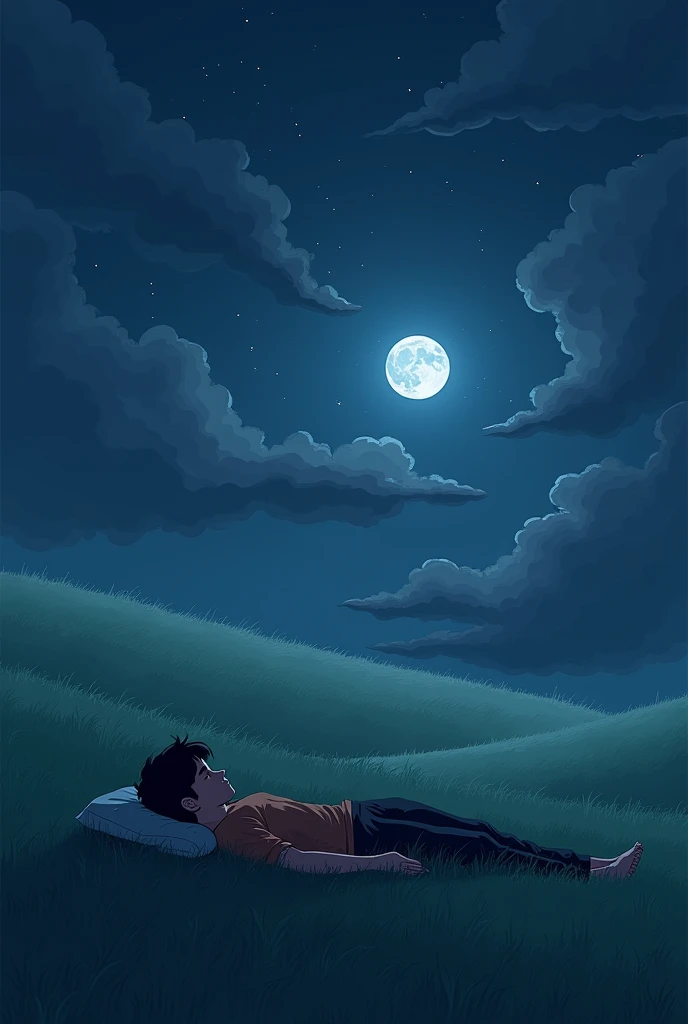 Deskripsi: "A solitary dreamer lying on a grassy field under a starry night sky with a full moon. The dreamer looks contemplative, surrounded by a serene and quiet atmosphere. The colors are deep blues, purples, and grays."
Detail: Emphasize the night sky with visible stars and moon, a vast grassy field, and a tranquil mood.