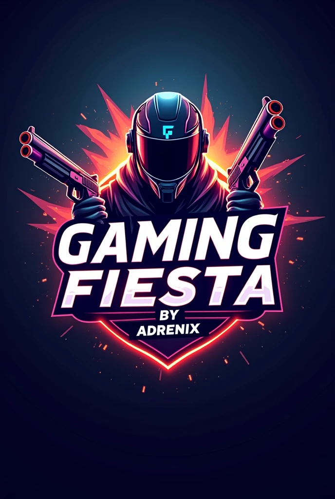 Esports logo with the name GAMING FIESTA BY Adrenix with bold animation in background having guns,helmet.