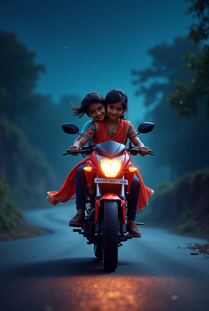 Indian boy traditional girl on pulsar n150  bike the road night time dive boy