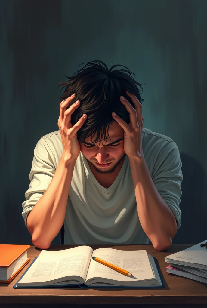 A frustrated young man holding his head crying study  book in the table back side
