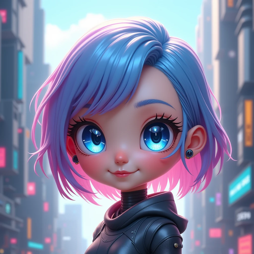 A highly-detailed, highly-realistic, and highly-lifelike photograph of a chibi-style cyborg woman with a warm, friendly expression. Her youthful face has a vibrant baby blue hair color at the roots, which transitions to a soft rose color and ends with striking purple tips. Her large, captivating eyes are a mesmerizing shade of electric blue and sparkle with intelligence and kindness. The background is a detailed futuristic city with tall buildings.
