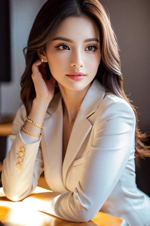 a gorgeous businesswoman,full body shot, elegant business attire, confident expression, detailed realistic portrait, intricate details, flawless skin, deep penetrating eyes, full lips, high quality, photorealistic, 8k, sharp focus, studio lighting, professional portrait, vivid colors, natural lighting, warm color tones