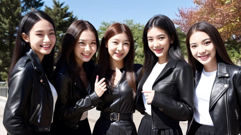 Wide-angle shot, Highest quality,masterpiece,Ultra-high resolution,Black leather jacket、Black Leather Skirt、(((Four beautiful girls with lovely smiles)))、