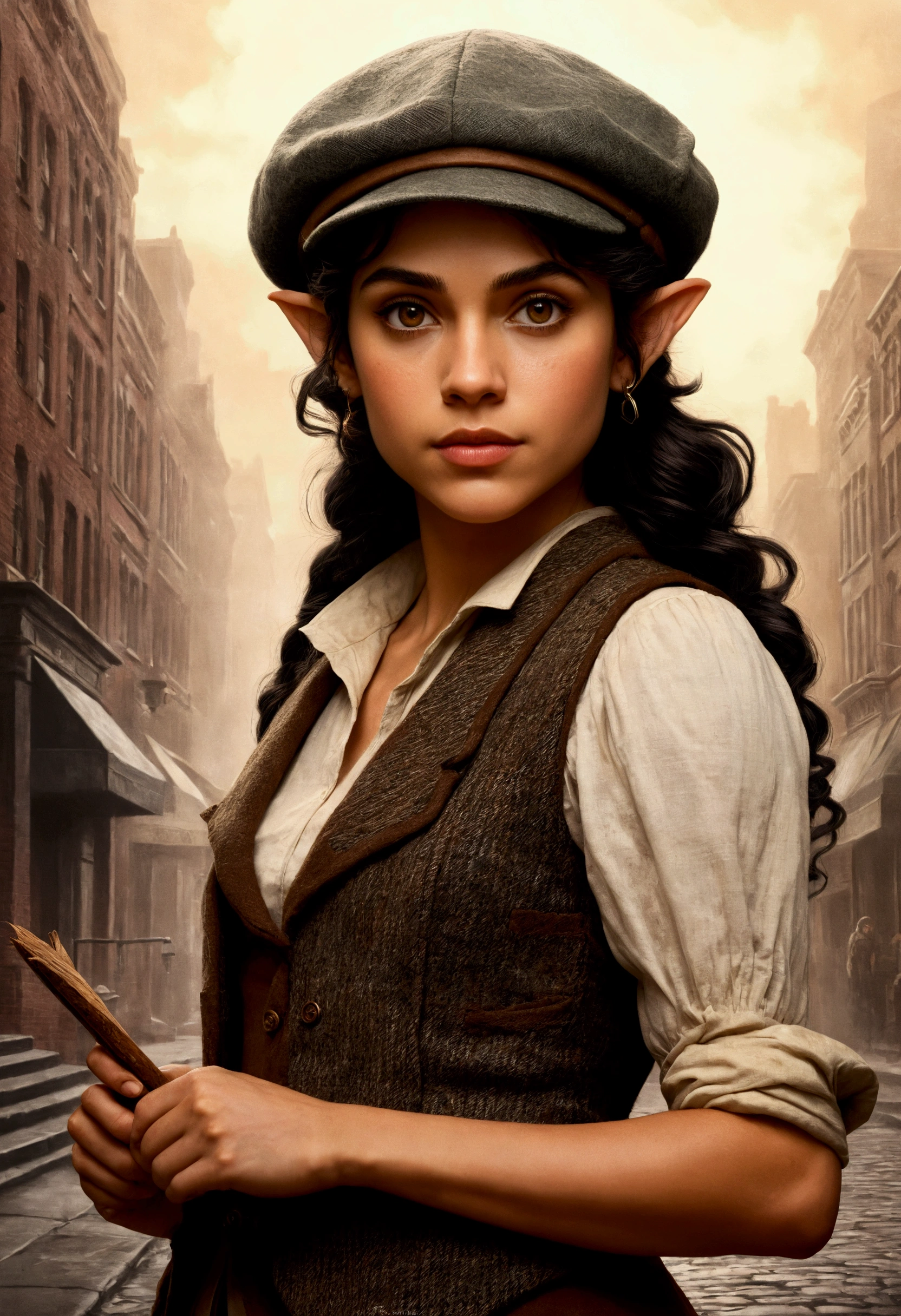 An illustrated movie poster, hand-drawn, full color, an elven maiden, wearing a tweed vest and a newsie cap, tall, toned, amazonian stature, athletic hourglass figure, long pointy elf ears, amber eyes, dark hair, curly bob cut, warm almond skintone, freckles, resembles Adria Arjona, standing on a foggy Victorian-era street corner, graphite shading, stencil marks, airbrushed acrylic paint, masterpiece, elf ears