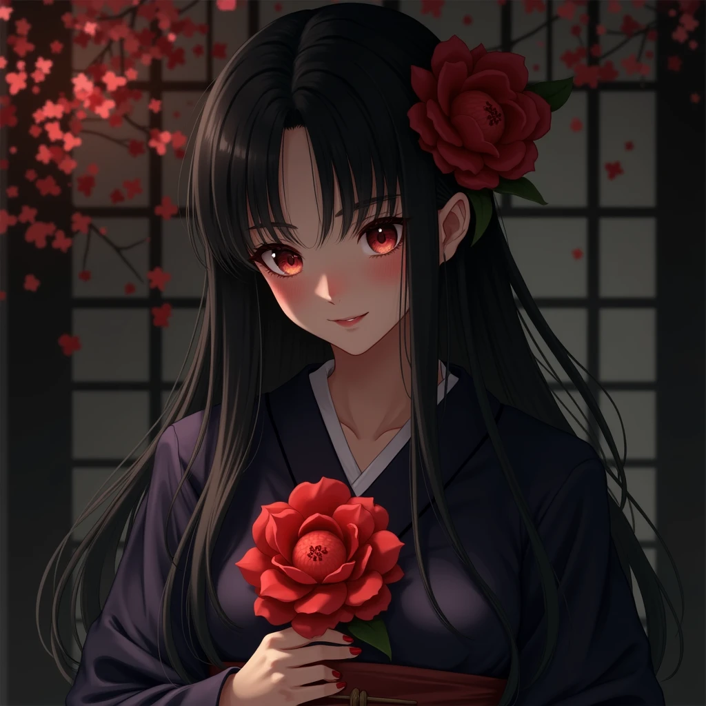 One Girl, High resolution,alone, One Girl, High resolution, Long Hair, smile, Personification of camellia、Black Hair、kimono、Bright red camellia、dim、High resolution, masterpiece, Highest quality, Anatomically correct, detail, 高いdetail, Very detailed, Impressionism,
