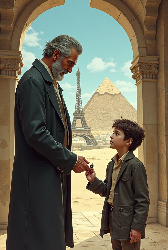 I want an engraving type drawing ,where the time traveler is seen entering through a portal door and seeing his childhood version .
I want the traveler to hand the child the Star of David necklace , so that the pyramids of Egypt can be seen in the background, torre ifel, Japan