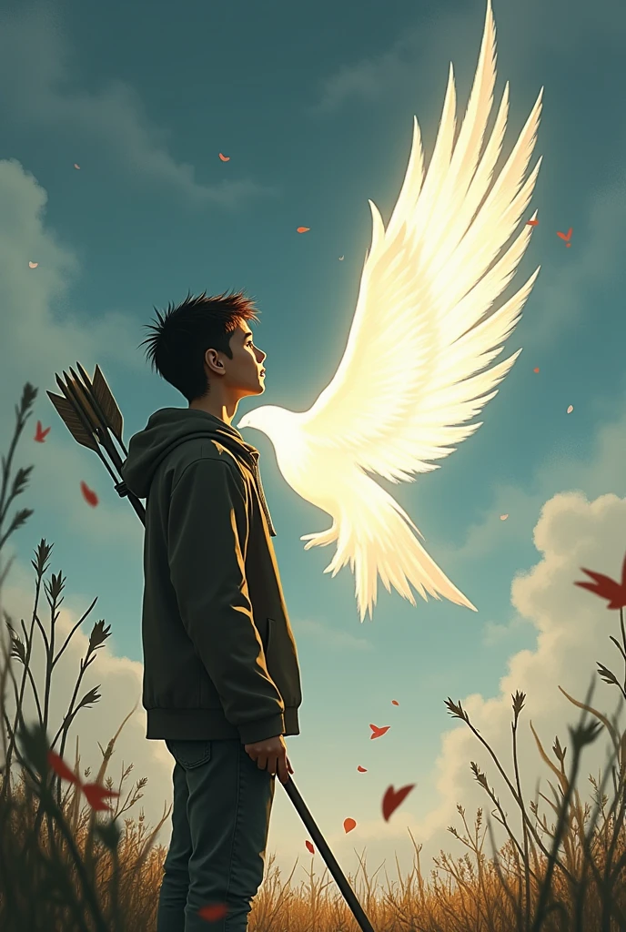 A young man looking at an arrow passing through the air towards a drawn heart and in the background a bright wing indicating that his goodbye hurts but he flies.