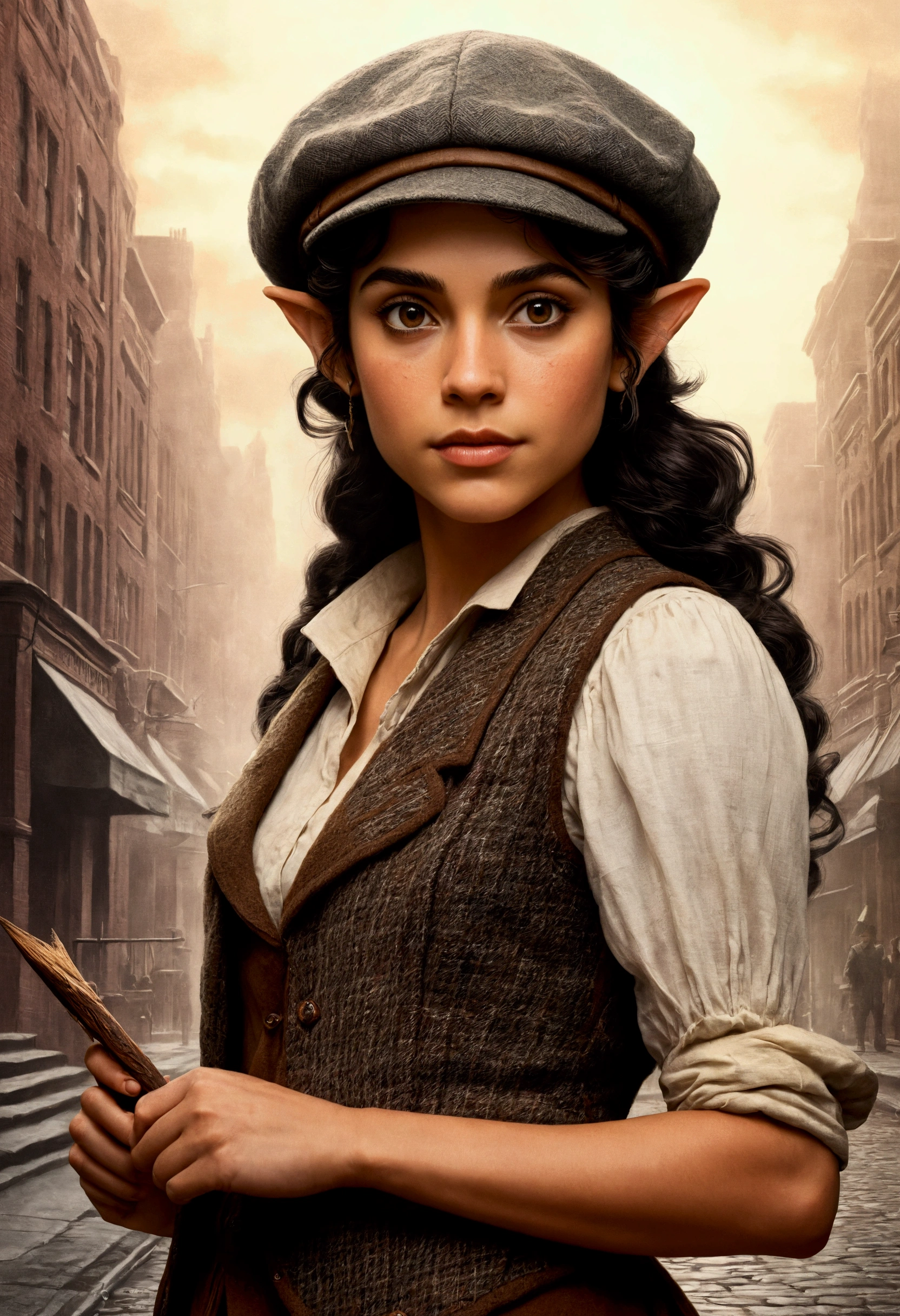 An illustrated movie poster, hand-drawn, full color, an elven maiden, wearing a tweed vest and a newsie cap, tall, toned, amazonian stature, athletic hourglass figure, long pointy elf ears, amber eyes, dark hair, curly bob cut, warm almond skintone, freckles, resembles Adria Arjona, standing on a foggy Victorian-era street corner, graphite shading, stencil marks, airbrushed acrylic paint, masterpiece, elf ears