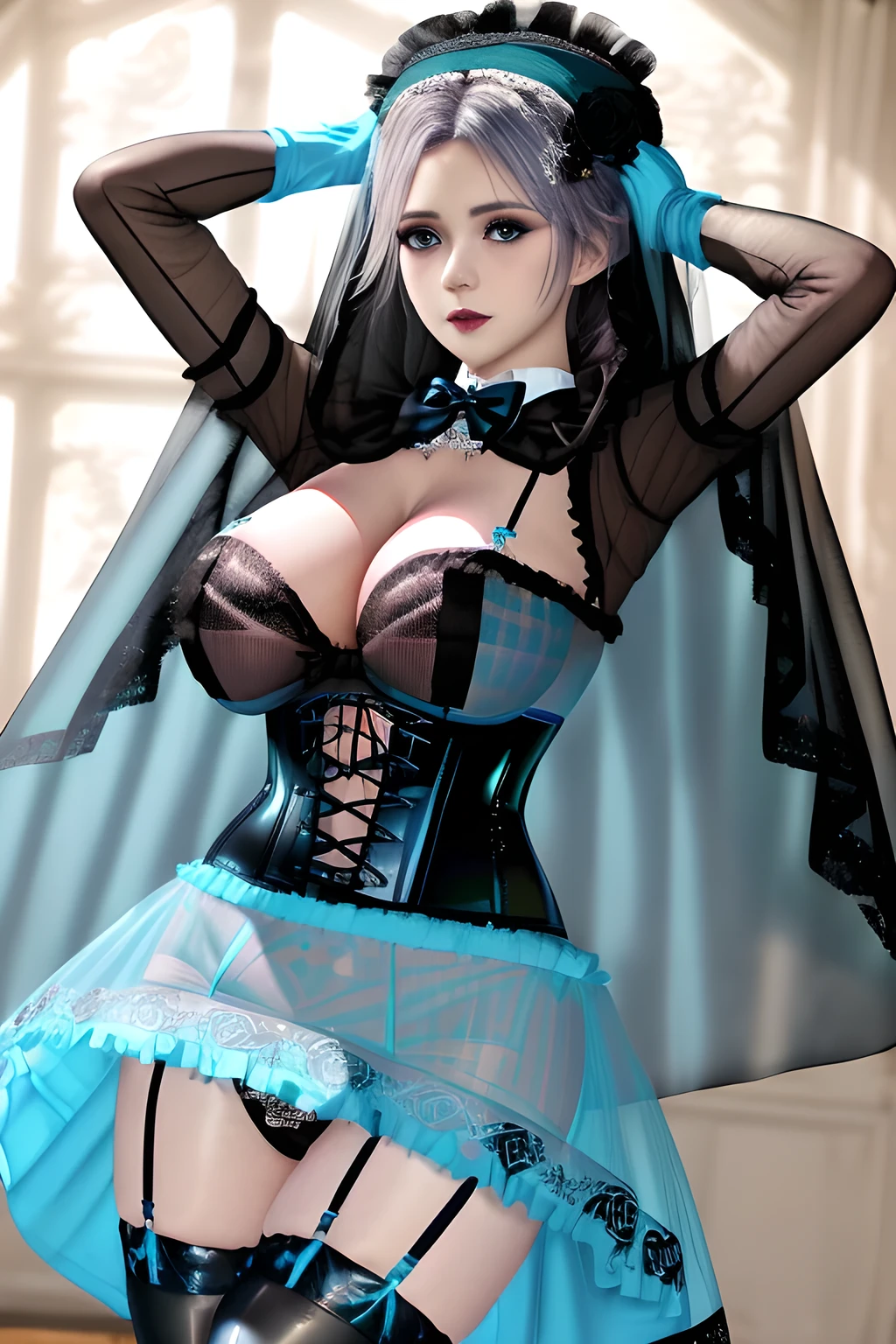1girl ,(fusion of black mourning-dress and black wedding dress:1.2), (gothic ta:1.3), (light-blue and black theme:1.3), ((black mourning-veil, black see-through wedding-veil):1.5), ((black latex corset, light-blue breast-cup):1.4), (short puff-sleeve:1.3), ((white collar, tie-bow):1.3), ((ruffle-skirt, multilayer-skirt):1.4), ((stockings, garter belt):1.3), (see-through long gloves:1.3), (blue rose decoration on head:1.3), ,, huge breasts,mature women, elise