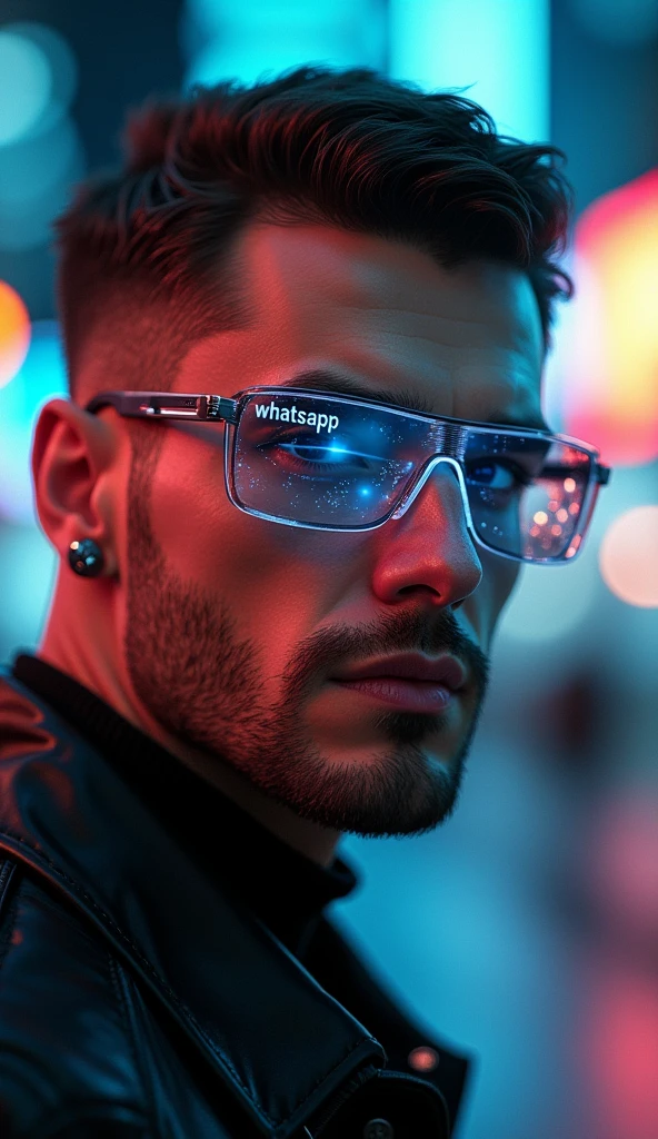 A handsome and elegant man with a strong body, wears futuristic cyber glasses, portrait photography, hyperrealistic digital art, cinematic lighting, Close-up focusing on the detailed face and glossy lips., cyber-punk aesthetic, Holographic data display on glasses with visible text 'WhatsApp', 8k resolution, Photorealistic 3D rendering, shallow depth of field, dramatic shadows and lights, shiny textures, intricate details in the skin and hair, high contrast, vibrant colors, Lens flare effect, motion blur background, subtly visible cybernetic implants, Ultra-sharp focus on the eyes, Metallic shine on the glasses frame, retouched for perfection, Studio lighting setup, Captured with a high-end DSLR camera, Post-processed in advanced 3D software for greater realism and depth..