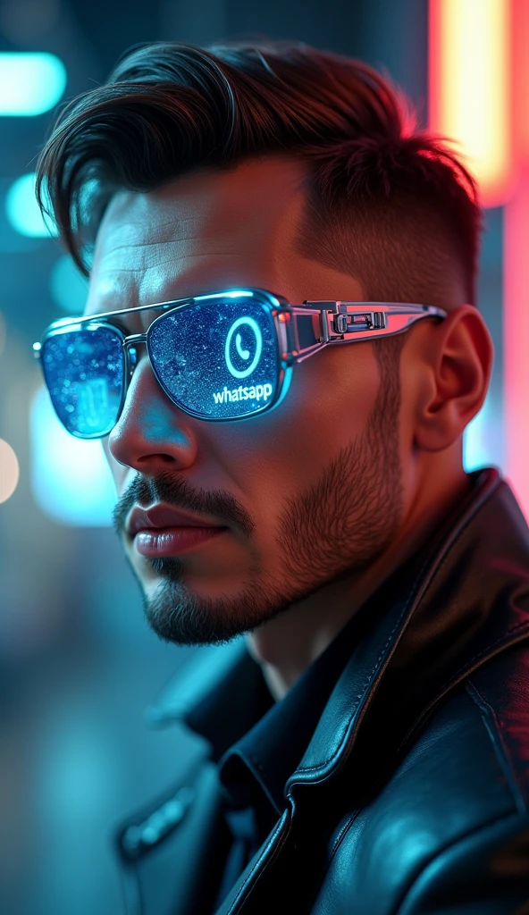 A handsome and elegant man with a strong body, wears futuristic cyber glasses, portrait photography, hyperrealistic digital art, cinematic lighting, Close-up focusing on the detailed face and glossy lips., cyber-punk aesthetic, Holographic data display on glasses with visible text 'WhatsApp', 8k resolution, Photorealistic 3D rendering, shallow depth of field, dramatic shadows and lights, shiny textures, intricate details in the skin and hair, high contrast, vibrant colors, Lens flare effect, motion blur background, subtly visible cybernetic implants, Ultra-sharp focus on the eyes, Metallic shine on the glasses frame, retouched for perfection, Studio lighting setup, Captured with a high-end DSLR camera, Post-processed in advanced 3D software for greater realism and depth..