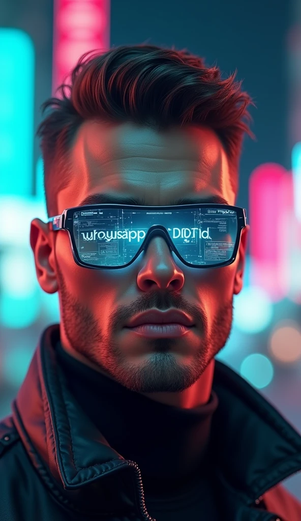 A handsome and elegant man with a strong body, wears futuristic cyber glasses, portrait photography, hyperrealistic digital art, cinematic lighting, Close-up focusing on the detailed face and glossy lips., cyber-punk aesthetic, Holographic data display on glasses with visible text 'WhatsApp', 8k resolution, Photorealistic 3D rendering, shallow depth of field, dramatic shadows and lights, shiny textures, intricate details in the skin and hair, high contrast, vibrant colors, Lens flare effect, motion blur background, subtly visible cybernetic implants, Ultra-sharp focus on the eyes, Metallic shine on the glasses frame, retouched for perfection, Studio lighting setup, Captured with a high-end DSLR camera, Post-processed in advanced 3D software for greater realism and depth..