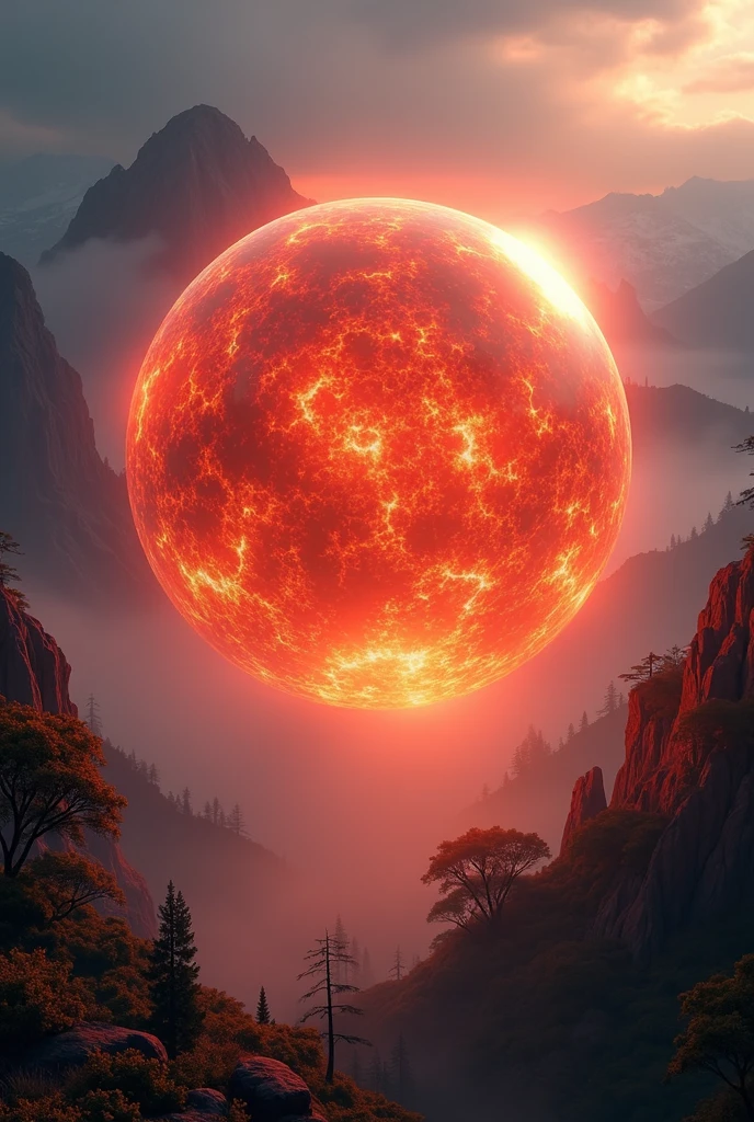 detailed red glowing fiery sphere,beautiful detailed cinematic landscape,dramatic lighting,volumetric lighting,dynamic composition,highly detailed,intricate details,photorealistic,studio lighting,64bit,masterpiece,concept art
