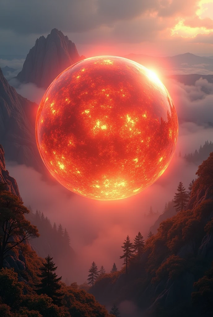 detailed red glowing fiery sphere,beautiful detailed cinematic landscape,dramatic lighting,volumetric lighting,dynamic composition,highly detailed,intricate details,photorealistic,studio lighting,64bit,masterpiece,concept art
