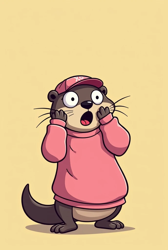 Cartoon of a male otter, with pink cap, pink sweatshirt, with a face of oh my god, side position with both hands on the face