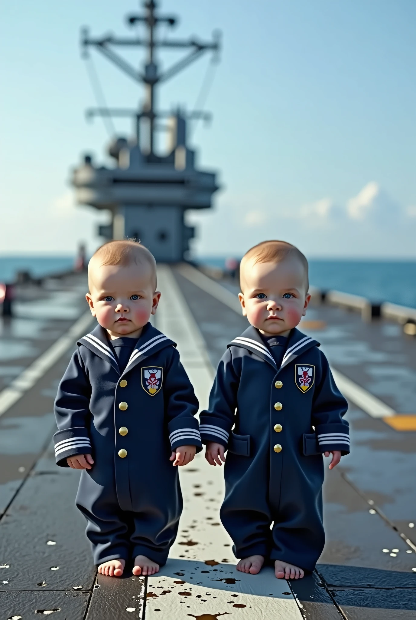Two newborns dressed in Navy uniforms stand guard on an aircraft carrier as real as real life.