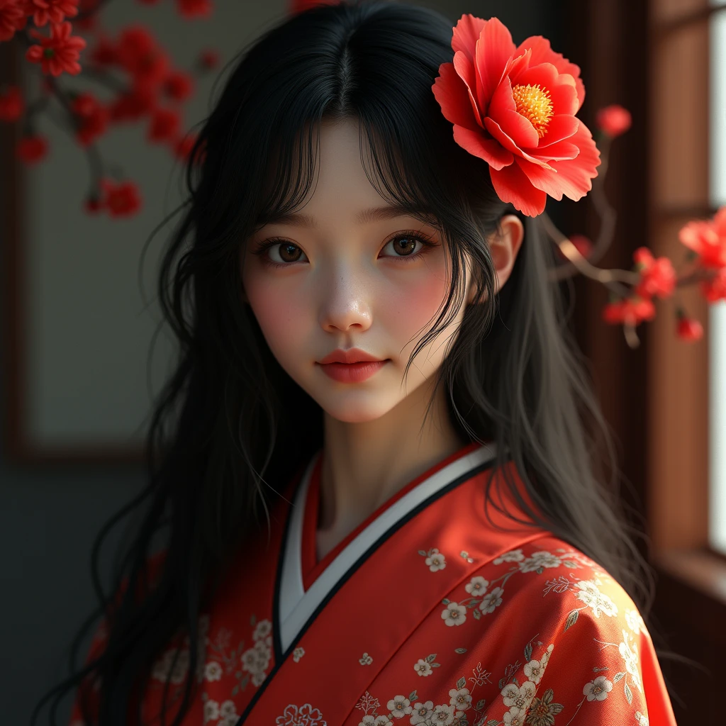 One Girl, High resolution,alone, One Girl, High resolution, Long Hair, smile, Personification of camellia、Black Hair、kimono、Bright red camellia、dim、High resolution, masterpiece, Highest quality, Anatomically correct, detail, 高いdetail, Very detailed, Decorative art, 