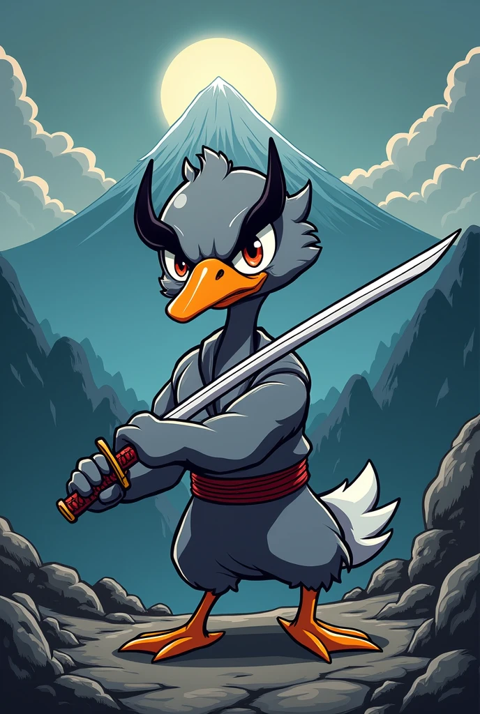 Cartoon Japanese style grey goose with katana, devil horns on head against mountains in the dark