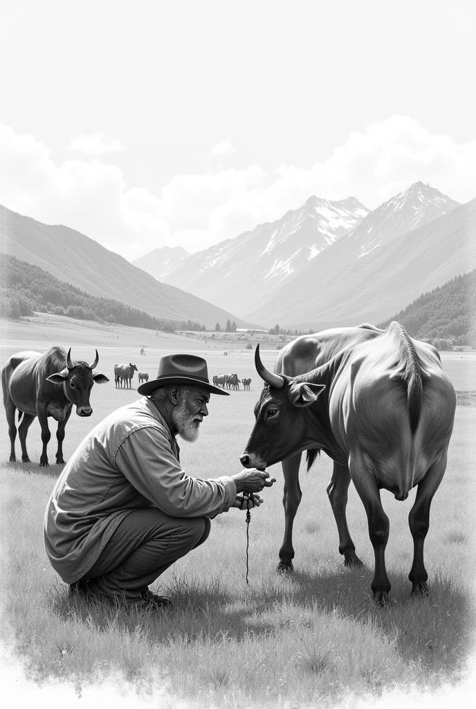 a muleteer, is checking a group of cattle. You could draw the muleteer crouching next to a cow, looking at his paw or his skin. around, There are other cattle grazing peacefully. The background may show some mountains in the distance and a clear sky. draw it with graphite pencil effect.