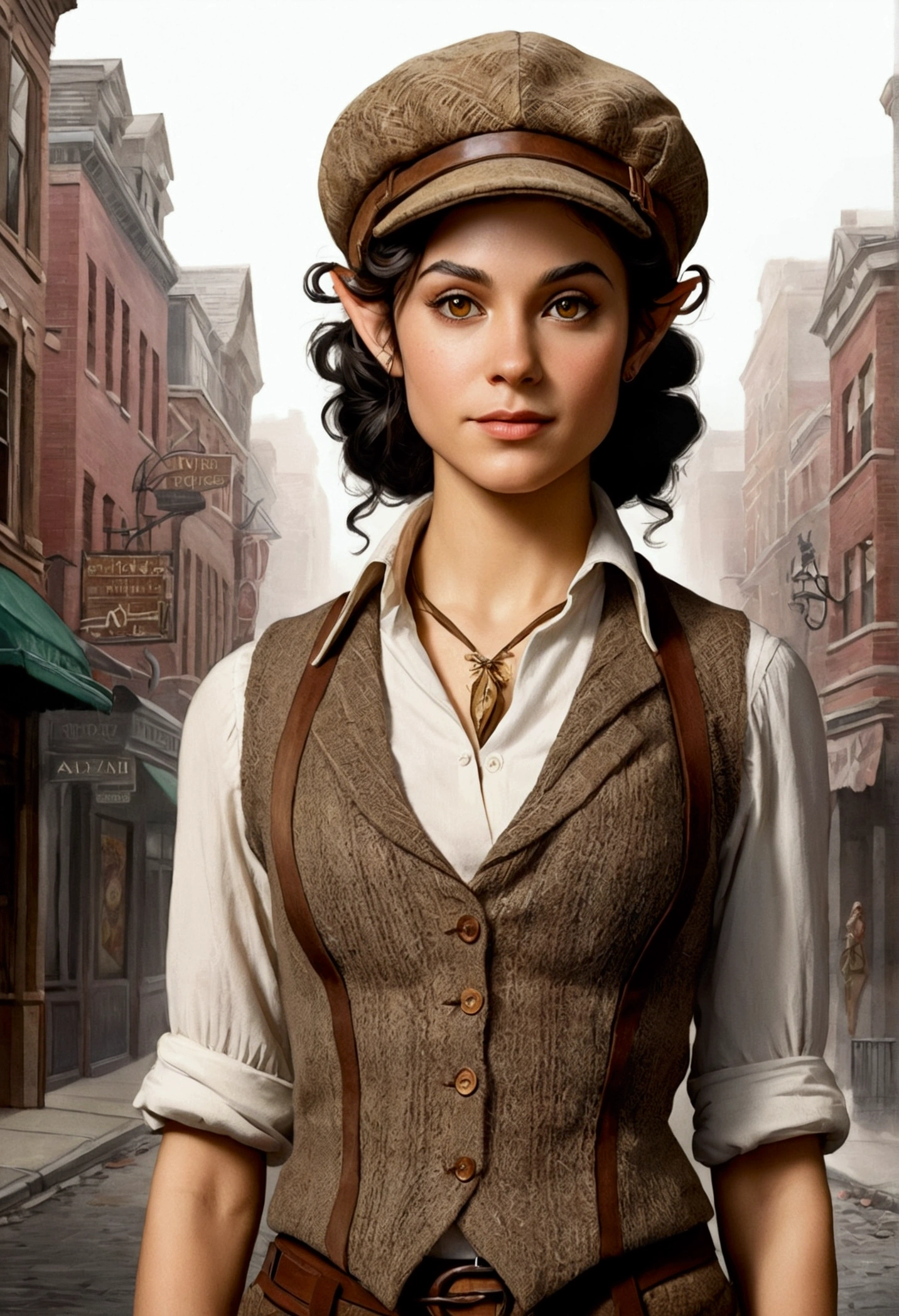 An illustrated movie poster, hand-drawn, full color, an elven maiden, wearing a tweed vest and a newsie cap, tall, toned, amazonian stature, athletic hourglass figure, busty bosom, long pointy elf ears, amber eyes, dark hair, curly bob cut, warm almond skintone, freckles, resembles Adria Arjona, standing on a foggy Victorian-era street corner, graphite shading, stencil marks, airbrushed acrylic paint, masterpiece, elf ears