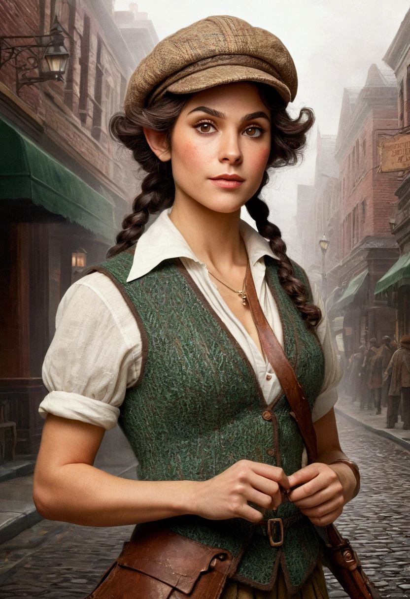 An illustrated movie poster, hand-drawn, full color, an elven maiden, wearing a tweed vest and a newsie cap, tall, toned, amazonian stature, athletic hourglass figure, busty bosom, long pointy elf ears, amber eyes, dark hair, curly bob cut, warm almond skintone, freckles, resembles Adria Arjona, standing on a foggy Victorian-era street corner, graphite shading, stencil marks, airbrushed acrylic paint, masterpiece, elf ears