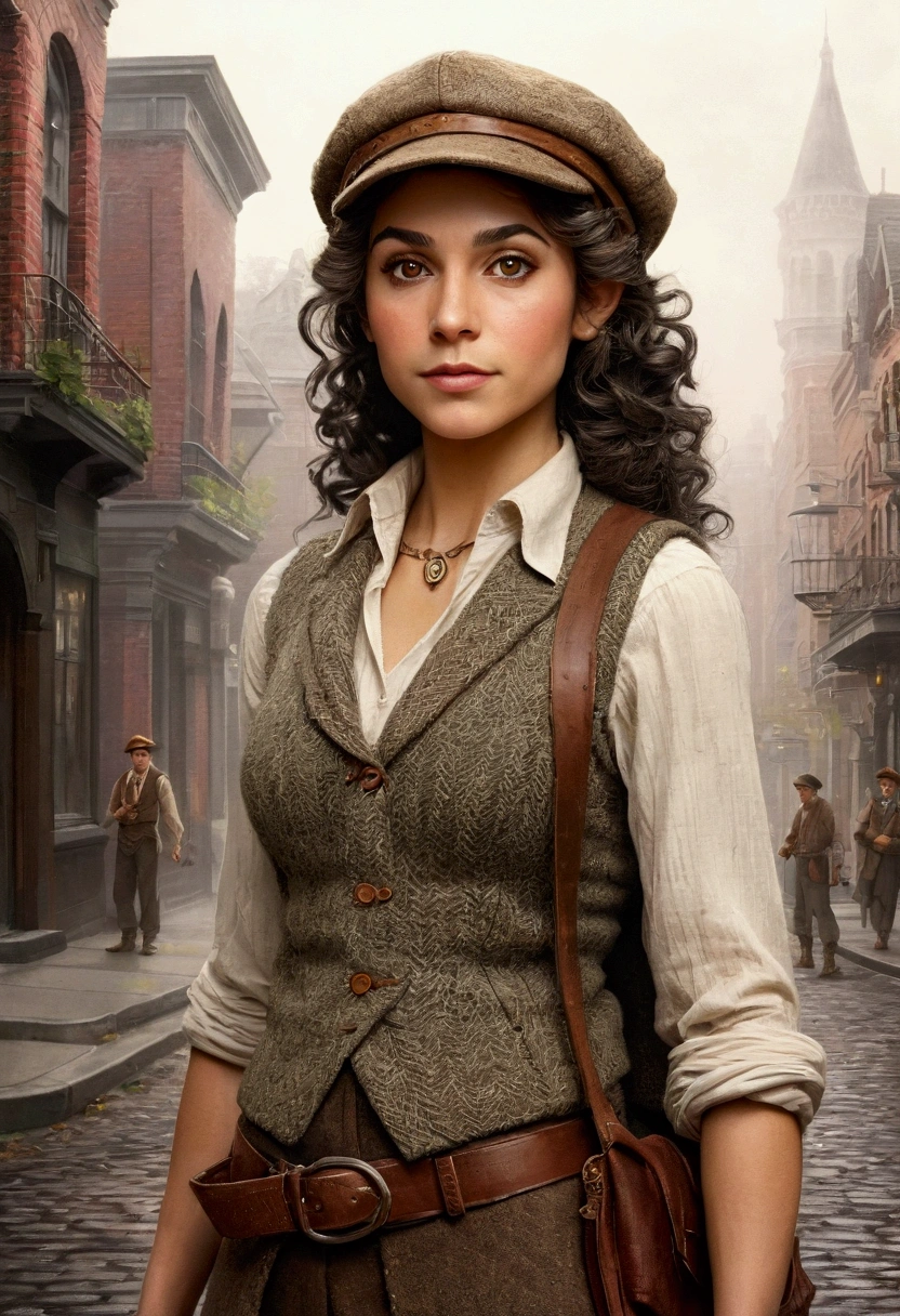 An illustrated movie poster, hand-drawn, full color, an elven maiden, wearing a tweed vest and a newsie cap, tall, toned, amazonian stature, athletic hourglass figure, busty bosom, long pointy elf ears, amber eyes, dark hair, curly bob cut, warm almond skintone, freckles, resembles Adria Arjona, standing on a foggy Victorian-era street corner, graphite shading, stencil marks, airbrushed acrylic paint, masterpiece, elf ears