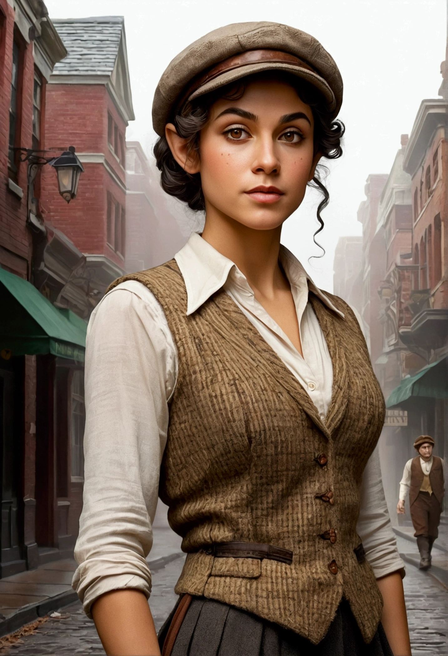 An illustrated movie poster, hand-drawn, full color, an elven maiden, wearing a tweed vest and a newsie cap, tall, toned, amazonian stature, athletic hourglass figure, busty bosom, long pointy elf ears, amber eyes, dark hair, curly bob cut, warm almond skintone, freckles, resembles Adria Arjona, standing on a foggy Victorian-era street corner, graphite shading, stencil marks, airbrushed acrylic paint, masterpiece, elf ears