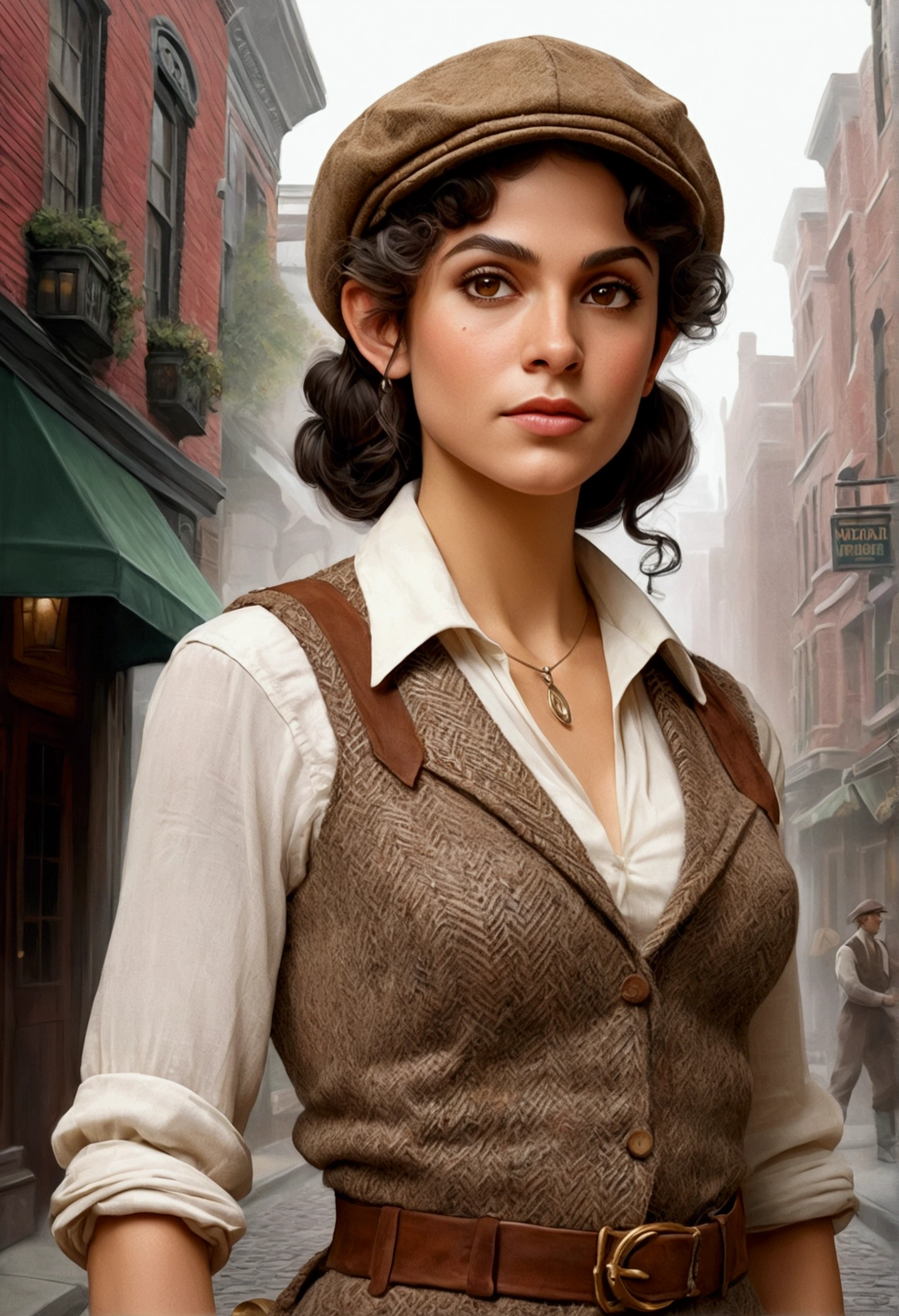 An illustrated movie poster, hand-drawn, full color, an elven maiden, wearing a tweed vest and a newsie cap, tall, toned, amazonian stature, athletic hourglass figure, busty bosom, long pointy elf ears, amber eyes, dark hair, curly bob cut, warm almond skintone, freckles, resembles Adria Arjona, standing on a foggy Victorian-era street corner, graphite shading, stencil marks, airbrushed acrylic paint, masterpiece, elf ears