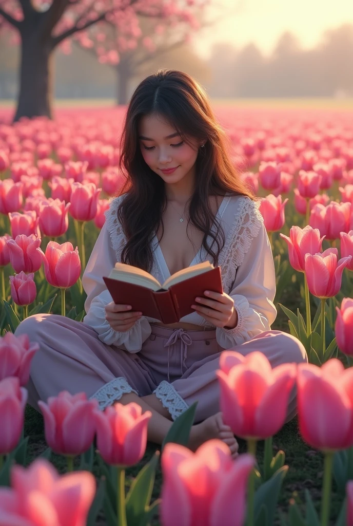 A brunette girl in a field of purple and pink tulips.
reading a book