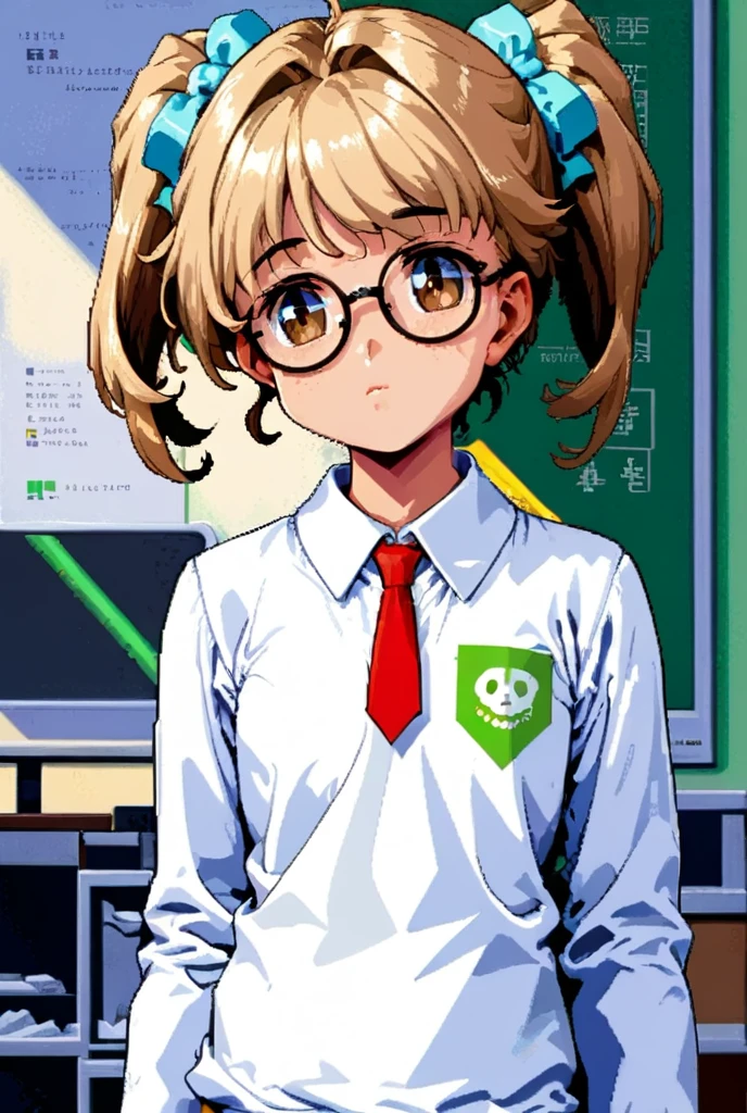 &quot;Pixel style，Xiaoxuan, a female student aged 16-18，Light brown curly double ponytails，thick frame large round glasses，Shy or serious expression