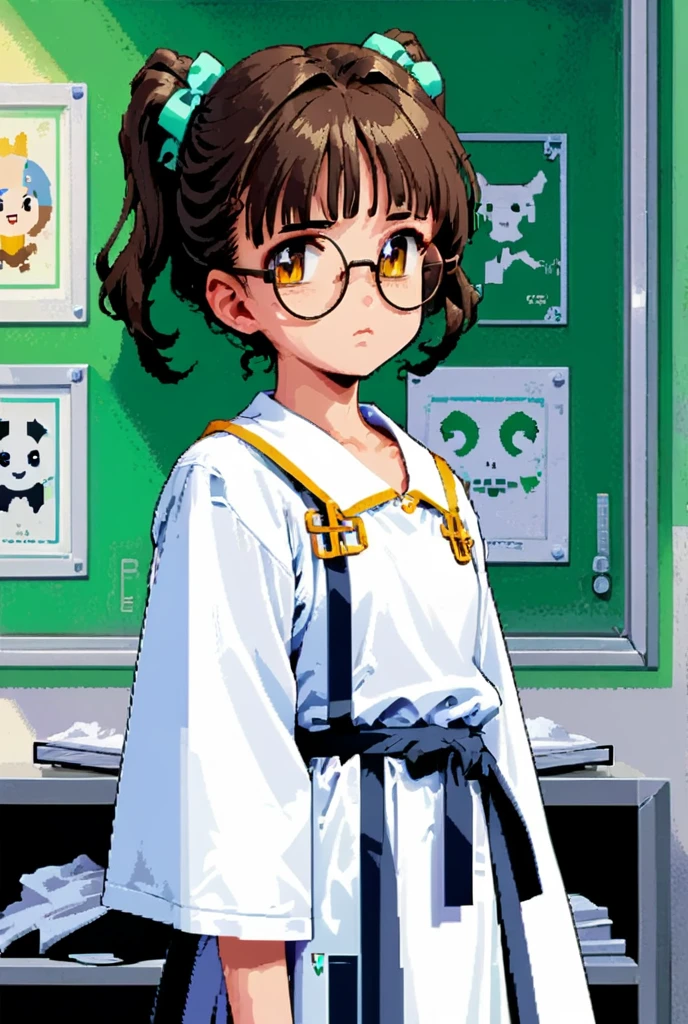 &quot;Pixel style，Xiaoxuan, a female student aged 16-18，Light brown curly double ponytails，thick frame large round glasses，Shy or serious expression