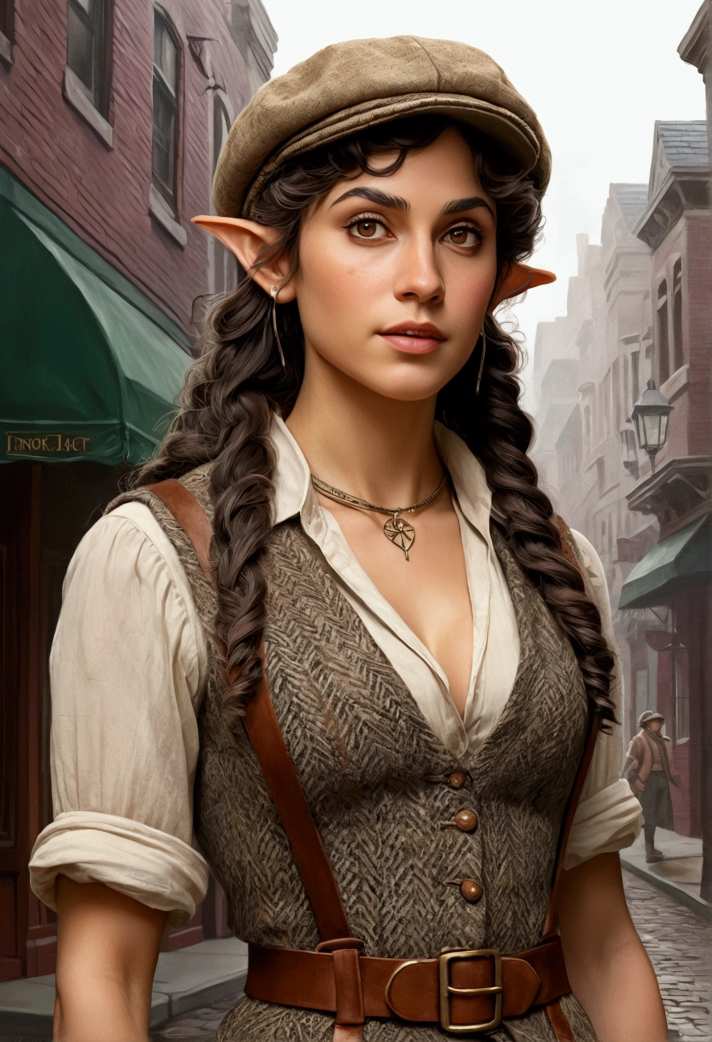 An illustrated movie poster, hand-drawn, full color, an elven maiden, wearing a tweed vest and a newsie cap, tall, toned, amazonian stature, athletic hourglass figure, busty bosom, long pointy elf ears, amber eyes, dark hair, curly bob cut, warm almond skintone, freckles, resembles Adria Arjona, standing on a foggy Victorian-era street corner, graphite shading, stencil marks, airbrushed acrylic paint, masterpiece, elf ears