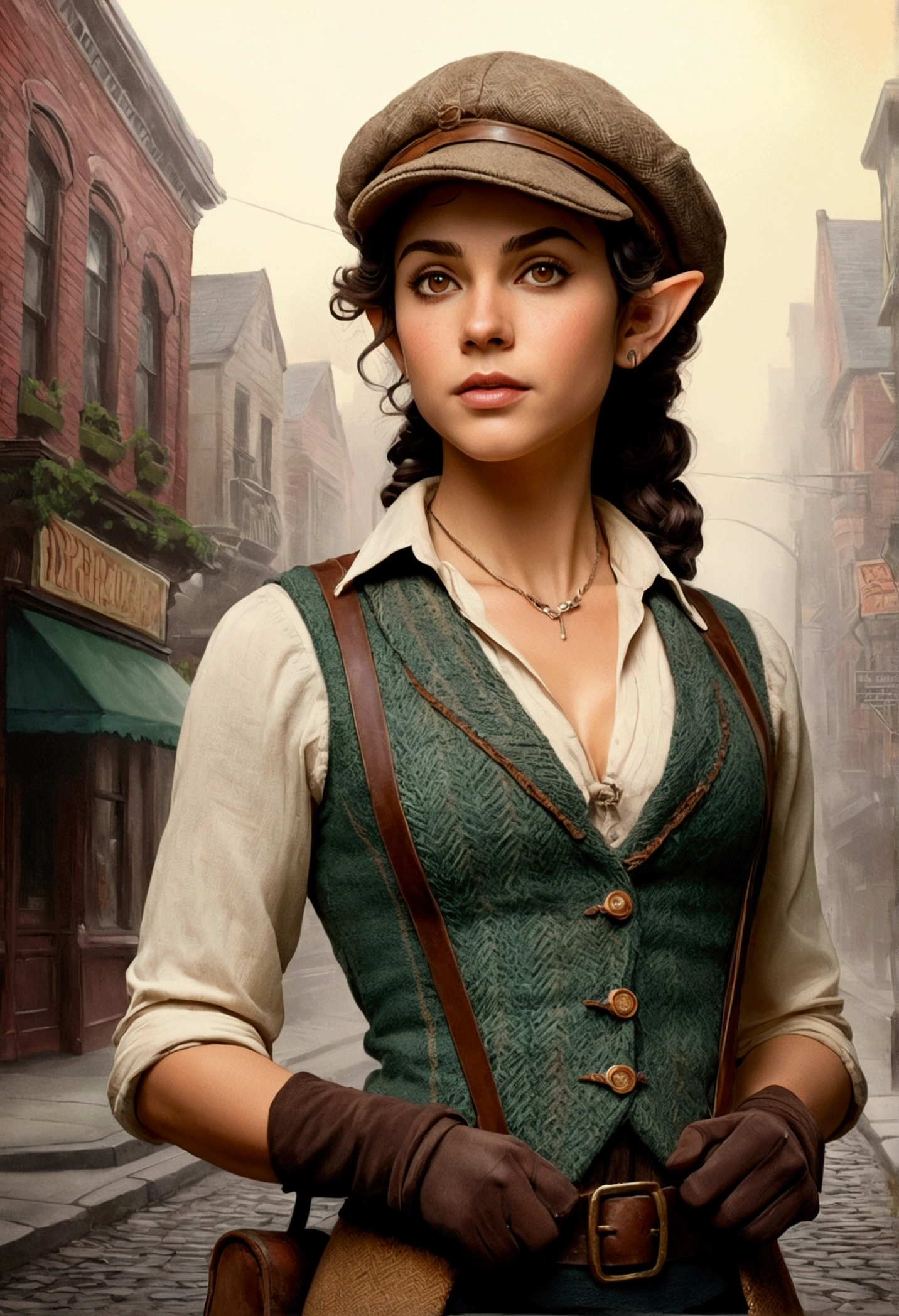 An illustrated movie poster, hand-drawn, full color, an elven maiden, wearing a tweed vest and a newsie cap, tall, toned, amazonian stature, athletic hourglass figure, busty bosom, long pointy elf ears, amber eyes, dark hair, curly bob cut, warm almond skintone, freckles, resembles Adria Arjona, standing on a foggy Victorian-era street corner, graphite shading, stencil marks, airbrushed acrylic paint, masterpiece, elf ears