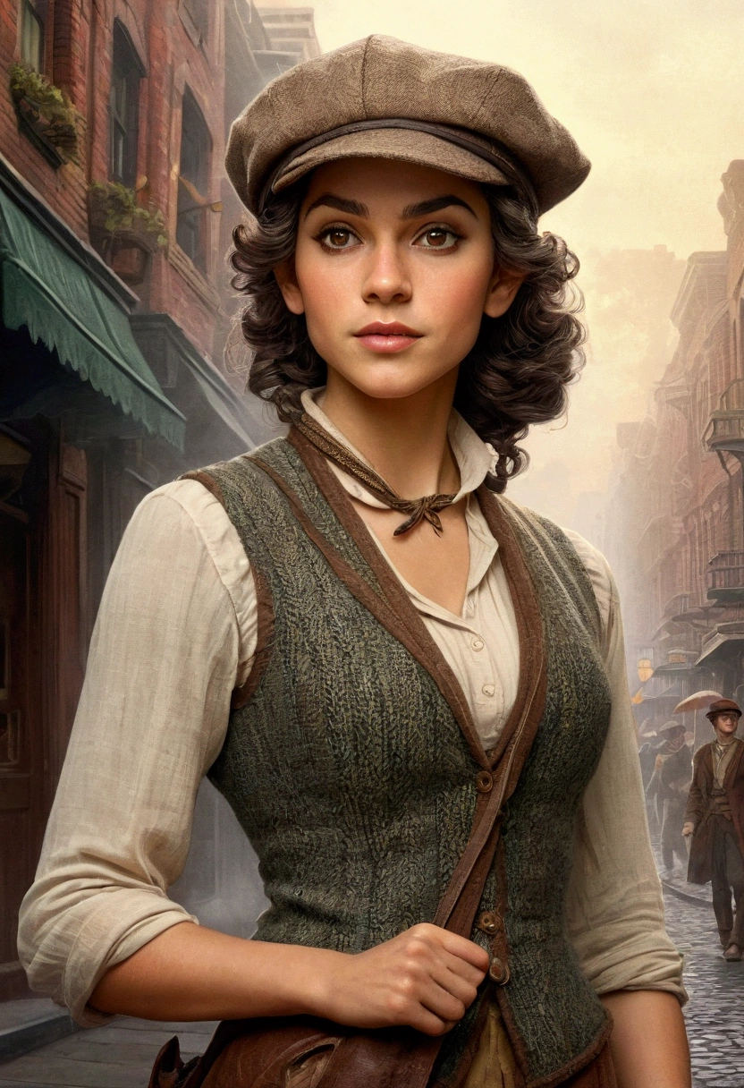 An illustrated movie poster, hand-drawn, full color, an elven maiden, wearing a tweed vest and a newsie cap, tall, toned, amazonian stature, athletic hourglass figure, busty bosom, long pointy elf ears, amber eyes, dark hair, curly bob cut, warm almond skintone, freckles, resembles Adria Arjona, standing on a foggy Victorian-era street corner, graphite shading, stencil marks, airbrushed acrylic paint, masterpiece, elf ears