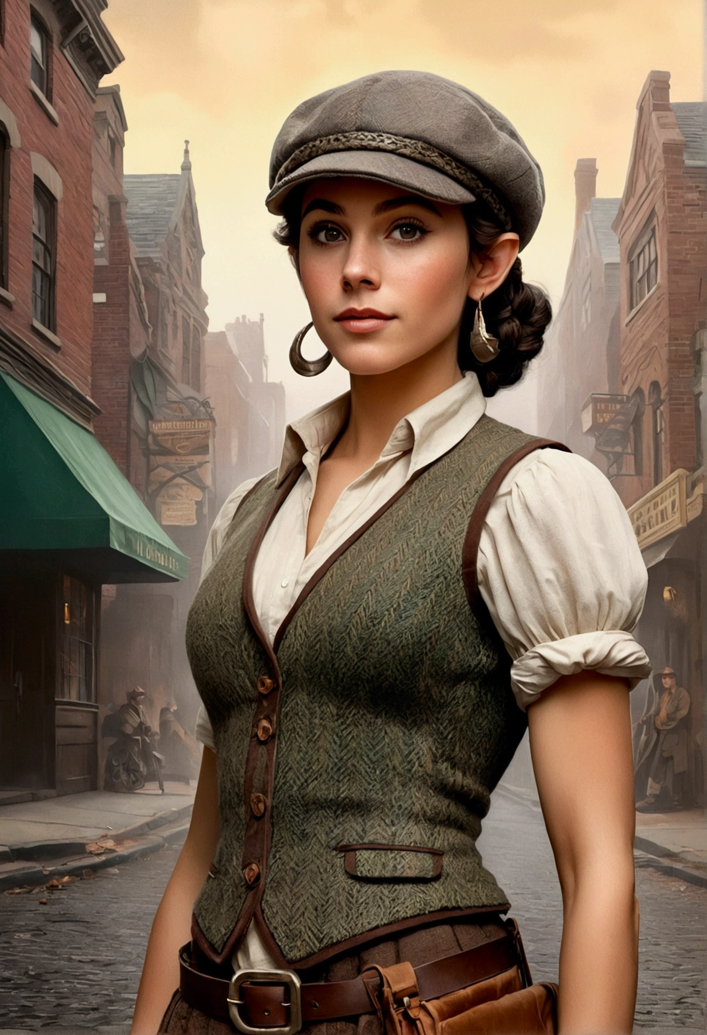 An illustrated movie poster, hand-drawn, full color, an elven maiden, wearing a tweed vest and a newsie cap, tall, toned, amazonian stature, athletic hourglass figure, busty bosom, long pointy elf ears, amber eyes, dark hair, curly bob cut, warm almond skintone, freckles, resembles Ana De Armas, standing on a foggy Victorian-era street corner, graphite shading, stencil marks, airbrushed acrylic paint, masterpiece, elf ears