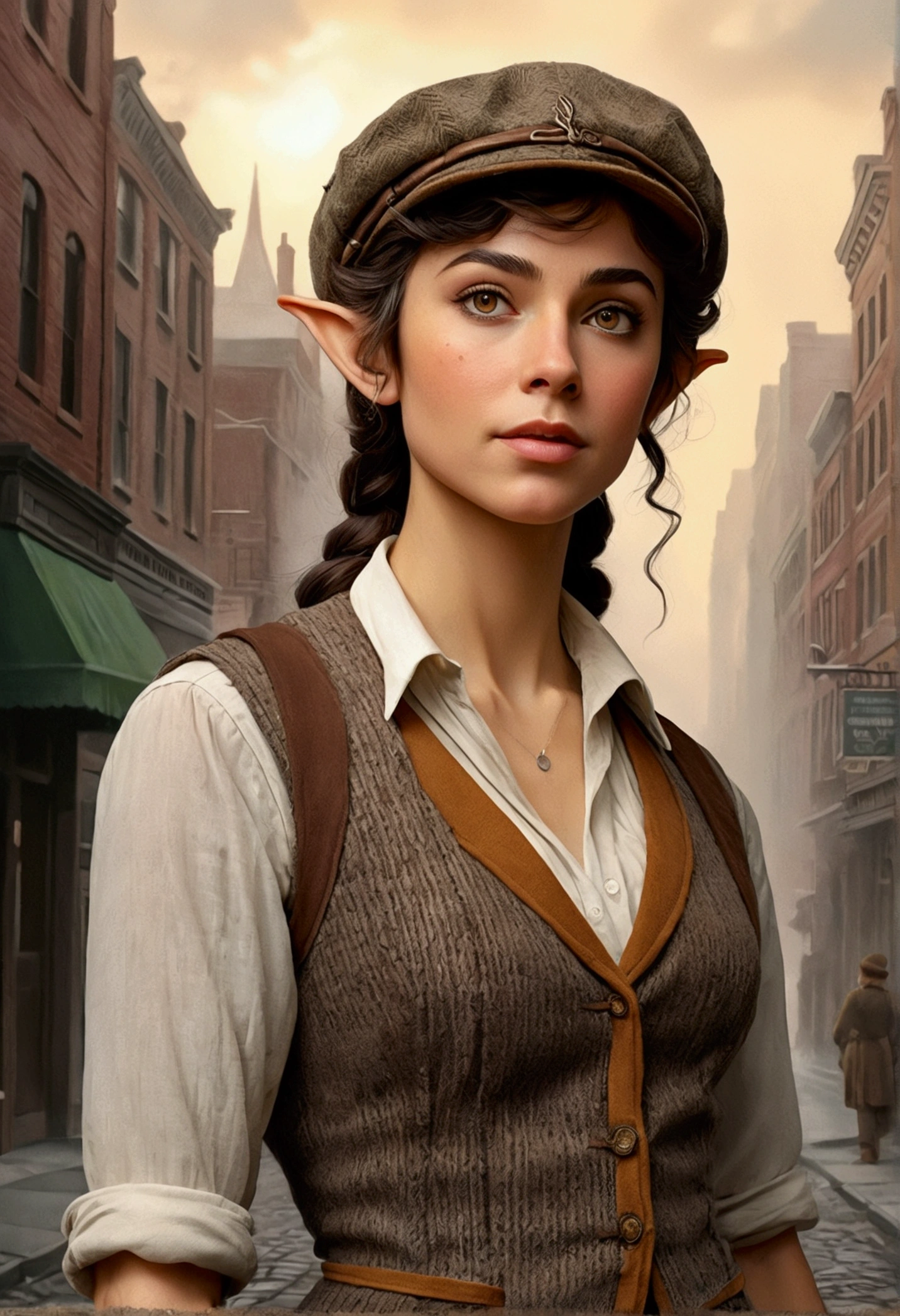 An illustrated movie poster, hand-drawn, full color, an elven maiden, wearing a tweed vest and a newsie cap, tall, toned, amazonian stature, athletic hourglass figure, busty bosom, long pointy elf ears, amber eyes, dark hair, curly bob cut, warm almond skintone, freckles, resembles Ana De Armas, standing on a foggy Victorian-era street corner, graphite shading, stencil marks, airbrushed acrylic paint, masterpiece, elf ears