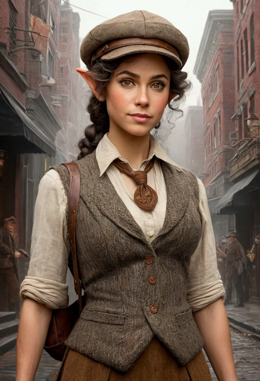 An illustrated movie poster, hand-drawn, full color, an elven maiden, wearing a tweed vest and a newsie cap, tall, toned, amazonian stature, athletic hourglass figure, busty bosom, long pointy elf ears, amber eyes, dark hair, curly bob cut, warm almond skintone, freckles, resembles Ana De Armas, standing on a foggy Victorian-era street corner, graphite shading, stencil marks, airbrushed acrylic paint, masterpiece, elf ears