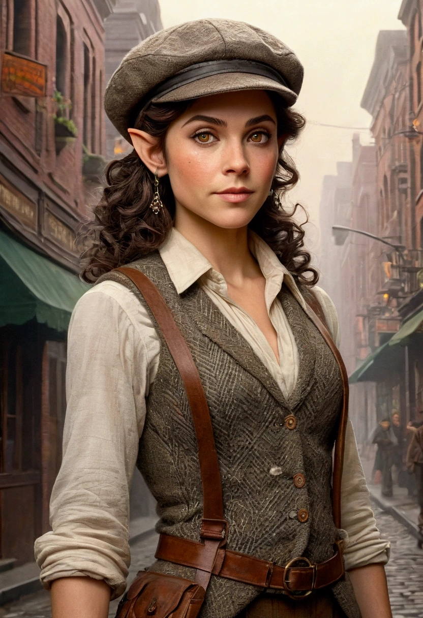 An illustrated movie poster, hand-drawn, full color, an elven maiden, wearing a tweed vest and a newsie cap, tall, toned, amazonian stature, athletic hourglass figure, busty bosom, long pointy elf ears, amber eyes, dark hair, curly bob cut, warm almond skintone, freckles, resembles Ana De Armas, standing on a foggy Victorian-era street corner, graphite shading, stencil marks, airbrushed acrylic paint, masterpiece, elf ears