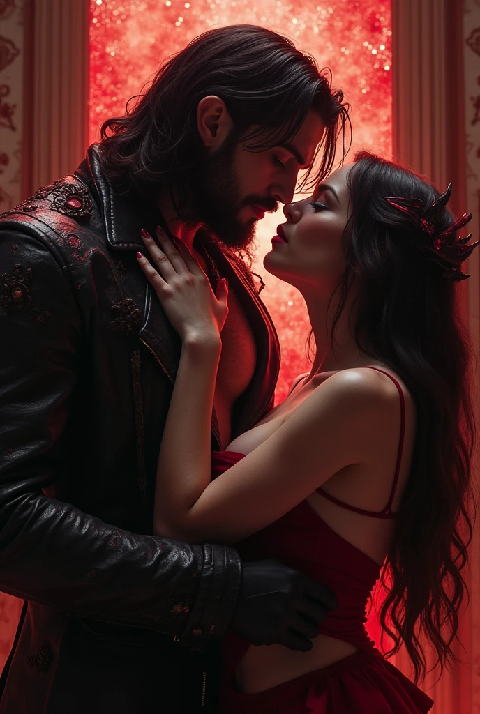 a woman with long black hair, with a red cape, with a long, deep neckline on display and a man in dark clothing kissing passionately on the dark, shadowy forest floor, in total darkness, he went down and kissed her body revealing her skin, your legs are showing
