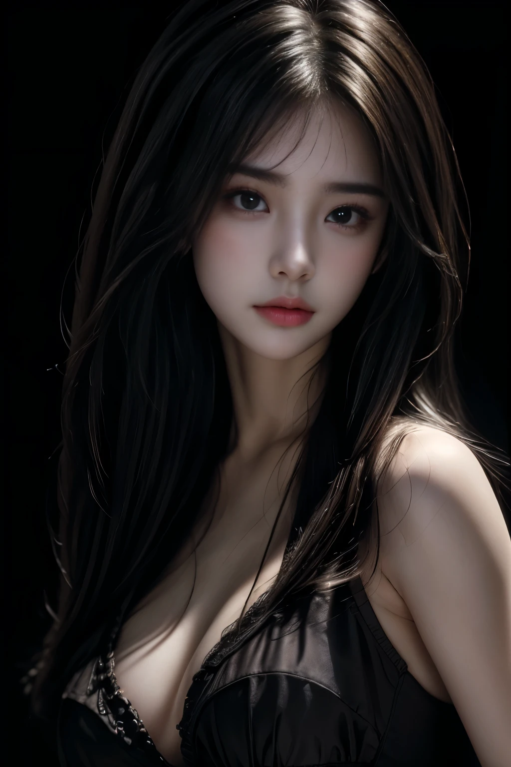 masterpiece, best qualitiy, RAW photos, realisticlying, A high resolution, hyper-detailing, Focus on the face, looking at viewer, Detailed eyebrows, realistic beautiful eyes, realistic glossy skin, straight Bangs, realistic movie lighting, detail shaded, high contrast, Slender, big boob, Exposed cleavage, open mouse, nsfw, Sexy face, Facial expressions when receiving pleasure, ((Dark background))