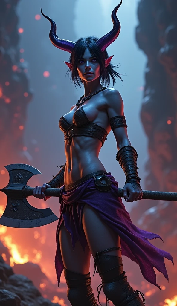 Destiny, the light blue Tiefling from Dungeons and Dragons, best quality, ultra-detailed CG unity 8k wallpaper, firey rage, high resolution, dynamic pose, beautiful face, 2 demon horns (Purple and black eyes:1.2, black and purple hair:1.3, pixie cut hair, ragged cloth armor, super tiny boobs, bare midriff), depth of field, firey hellscape, dark light, night time), (high fantasy), weilding a waraxe, 6 pack abs, muscular thighs, dommy mommy, menacing, evil, ready for battle, bloodthirsty, muscular, barely any clothes, barbarian, (light blue skin)
